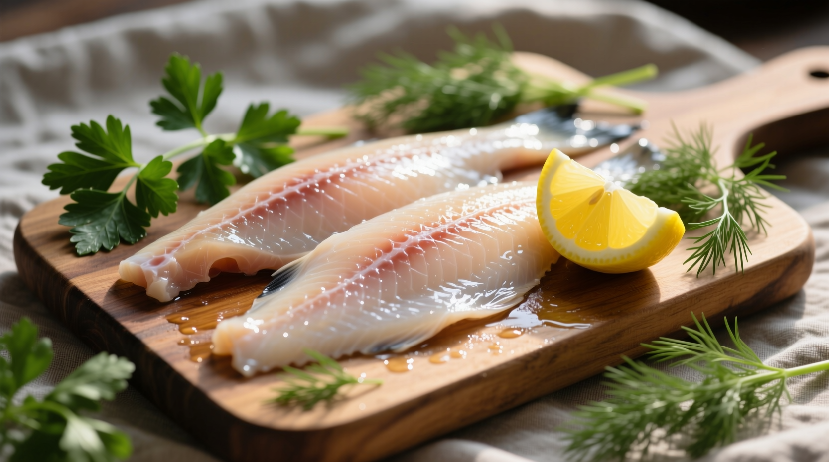 Fresh catfish fillets on cutting board with lemon and herbs