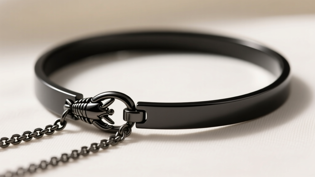 Side view of a matte black titanium initial choker necklace, focusing on a secure lobster clasp and chain extender.