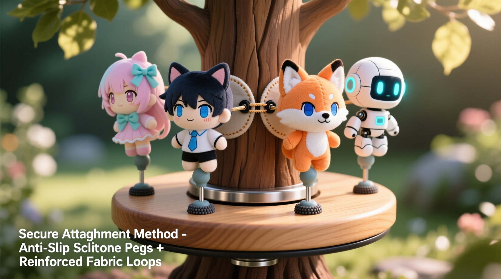 how to secure lightweight anime plushies to a rotating tree base without slipping