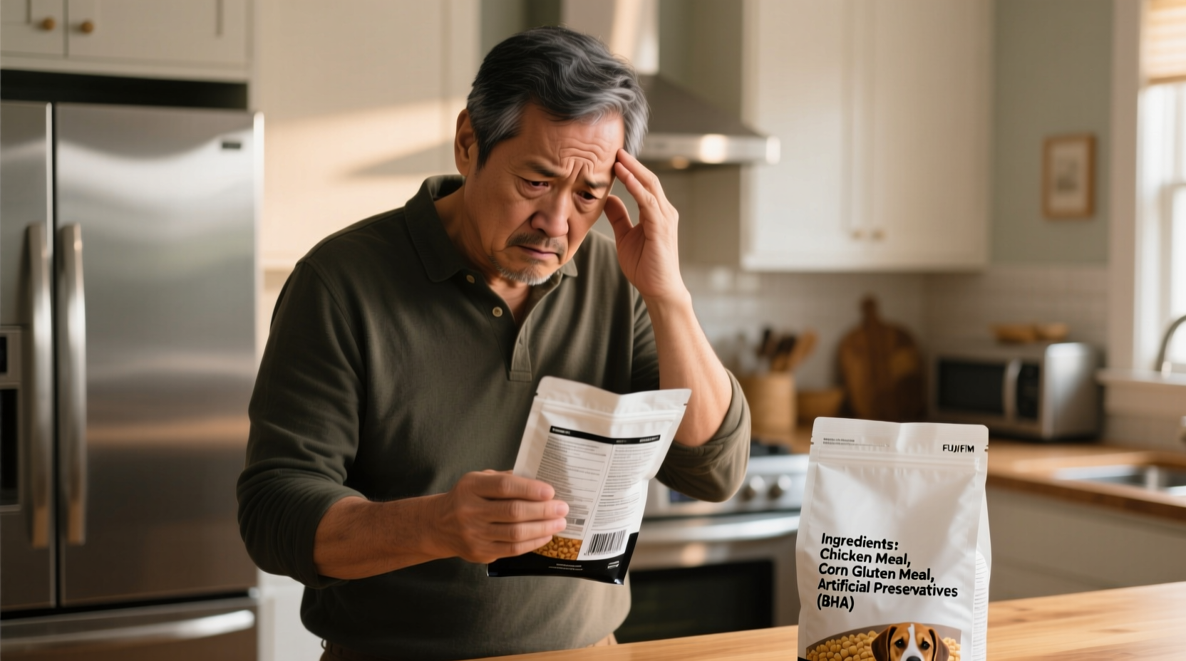 Dog owner checking food ingredients with concerned expression