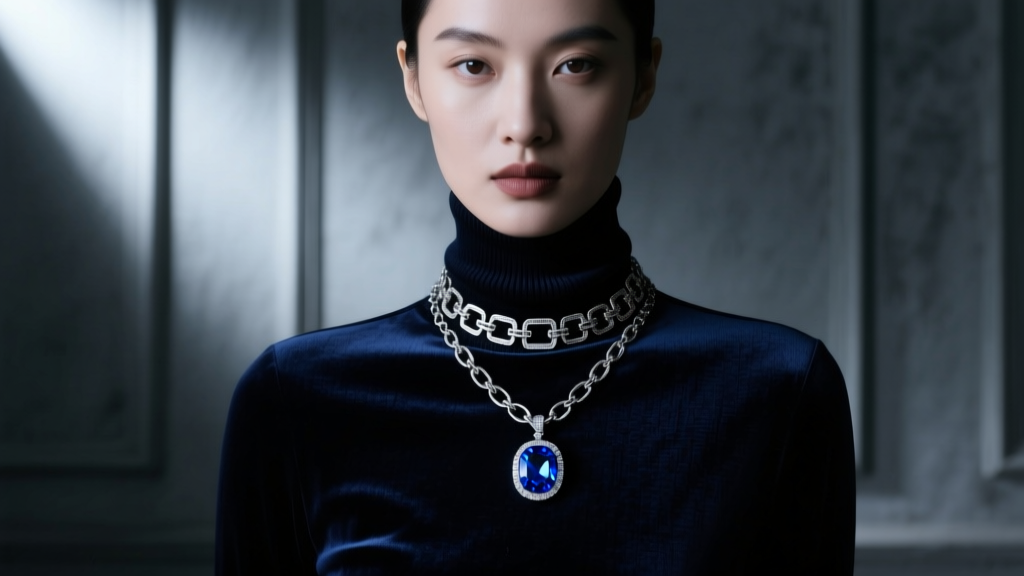 Woman in dark turtleneck sweater layered with antique silver box chain and blue gemstone pendant in moody, dim lighting.