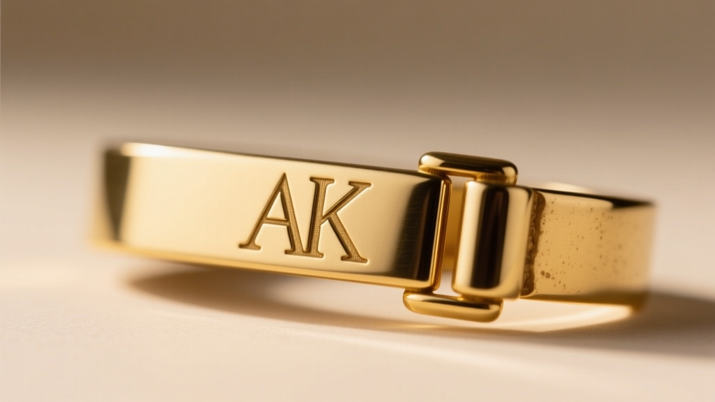 Macro shot of an authentic vintage Anne Klein hallmark showing the distinct AK logo engraved on a gold-plated fold-over clasp.