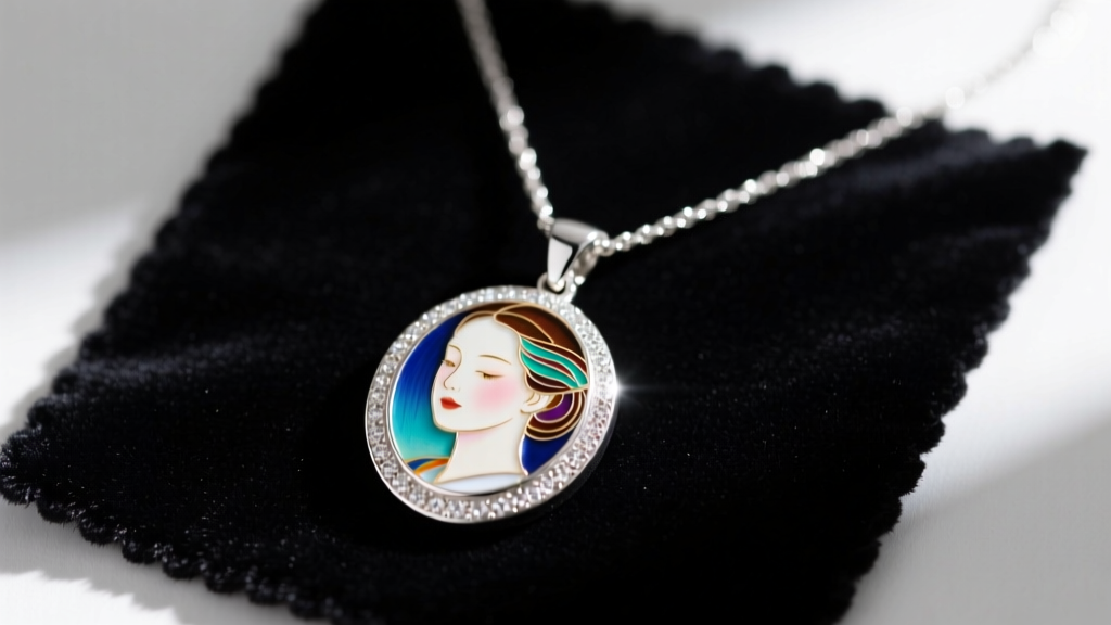Close-up of a sterling silver portrait necklace with vitreous enamel painting resting on a dark velvet jewelry cleaning mat.
