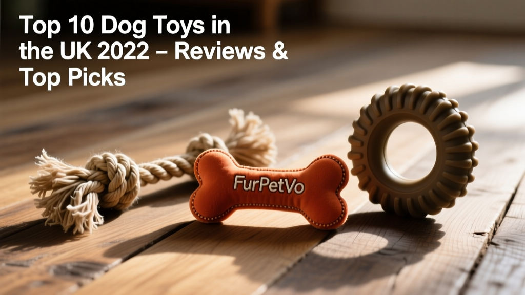 Close-up of three different FurPetVo dog toys on a wooden floor: a knotted rope, a squeaky plush bone, and a textured rubber ring