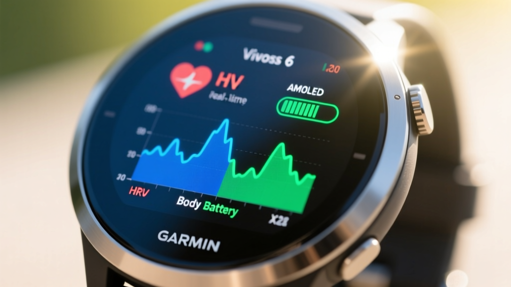 Close-up of the Garmin Vivosmart 6 AMOLED display showing real-time HRV status and Body Battery metrics in bright sunlight