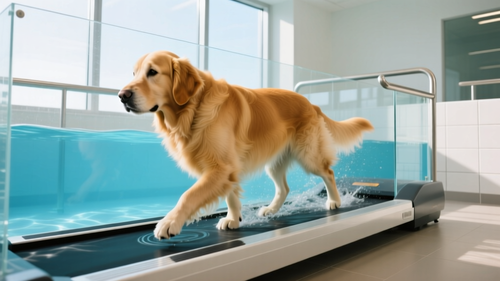 Senior Golden Retriever walking on an underwater treadmill for low-impact physical therapy and joint mobility rehabilitation