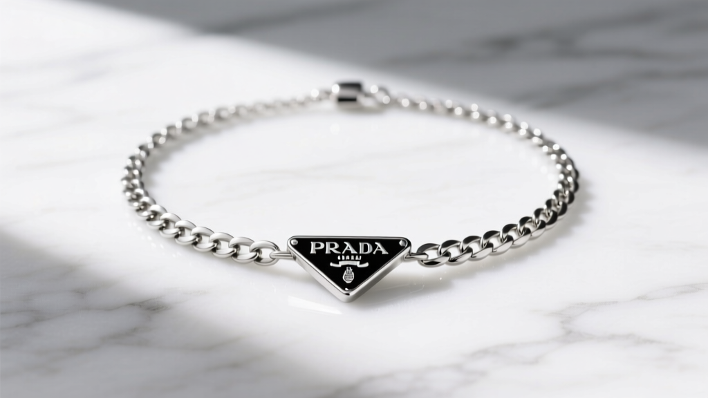 Flat lay of a silver Prada chain necklace with a black enamel triangle logo resting on a white marble surface in natural daylight