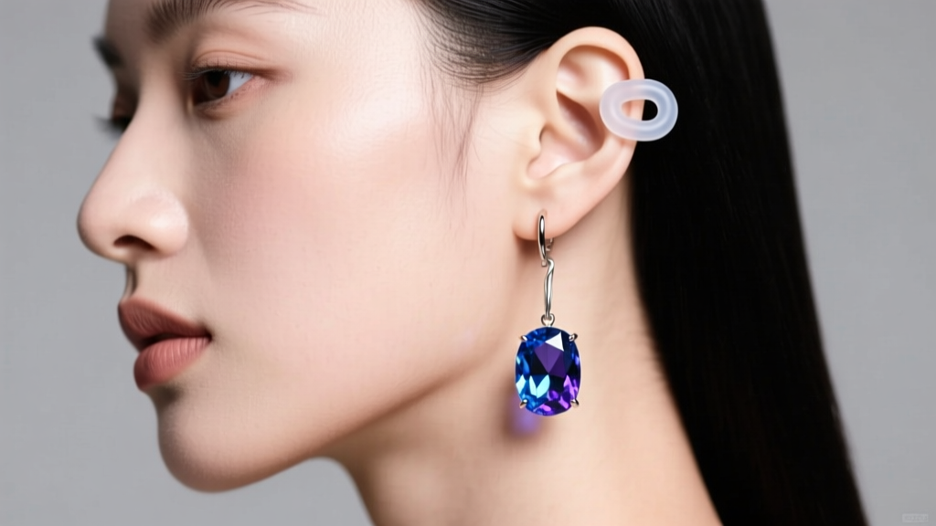 Side profile of a model wearing a converted gemstone drop earring secured by a clear silicone tension pad on an unpierced earlobe.