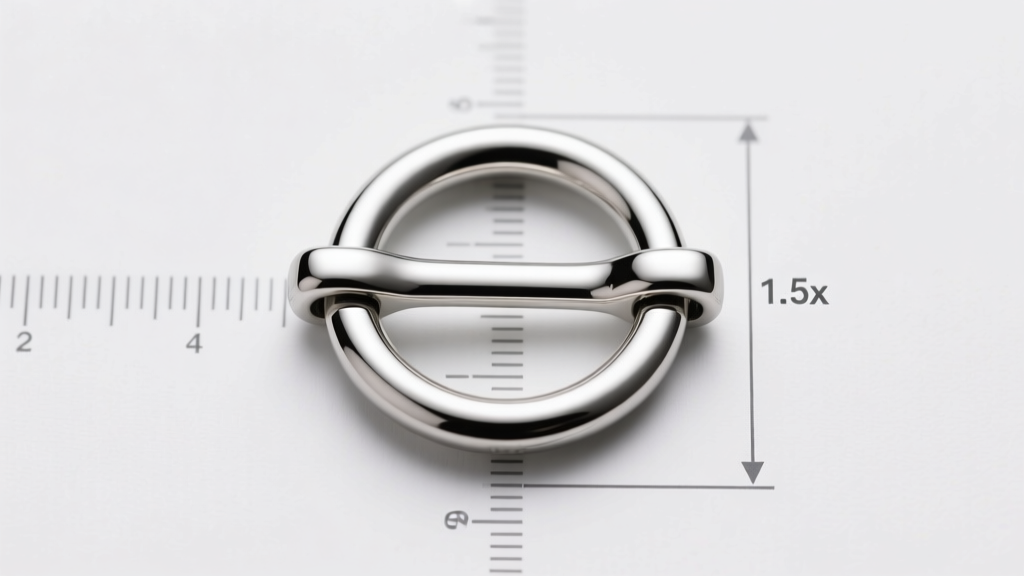 Top-down view of a silver toggle clasp showing the T-bar crossing the ring, with measurement lines indicating a 1.5x length ratio.