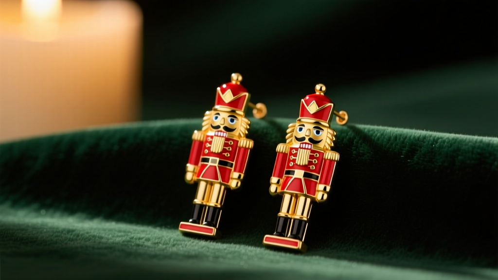 Close-up of vibrant red and gold cold enamel nutcracker drop earrings resting on dark green velvet under warm candlelight