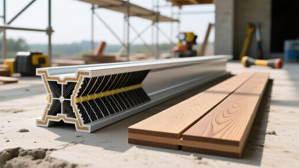 Cross-section of a structural fiber-reinforced polymer composite beam next to wood-plastic composite decking on a job site