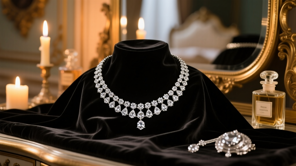 1880s Parisian vanity displaying a glittering diamond rivière necklace on dark velvet, lit by warm, flickering candlelight.