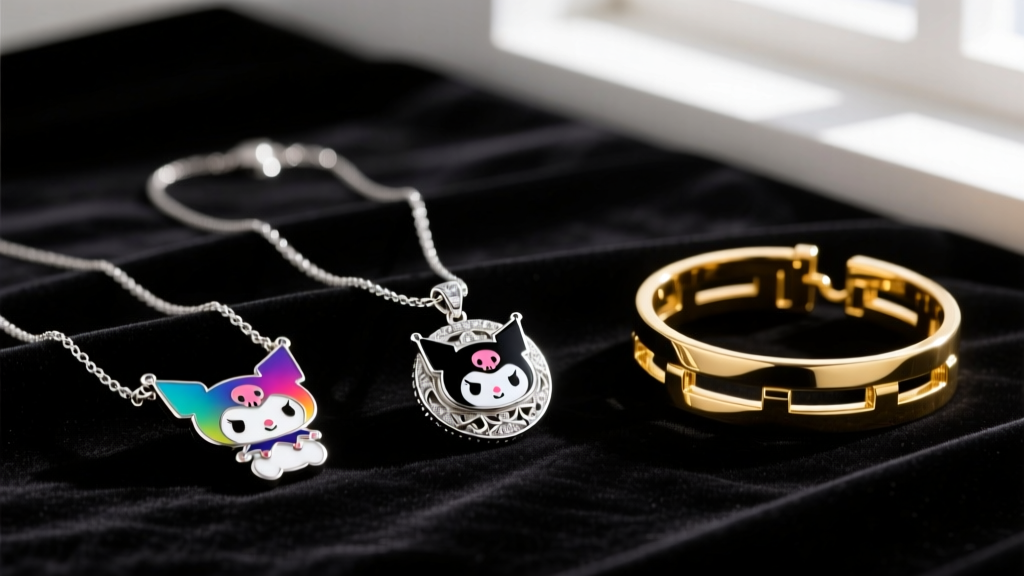 Flat lay of three Kuromi necklaces on black velvet: an alloy pendant, a sterling silver enamel piece, and a gold collar