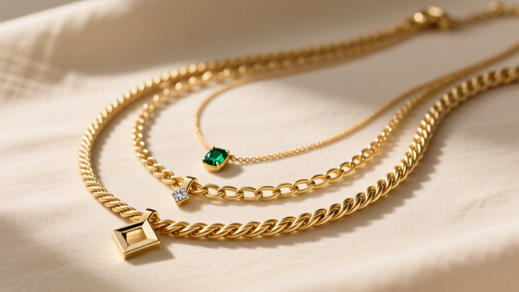 Three layered gold necklaces on beige linen, showing distinct chain textures, varying lengths, and small gemstone pendants.