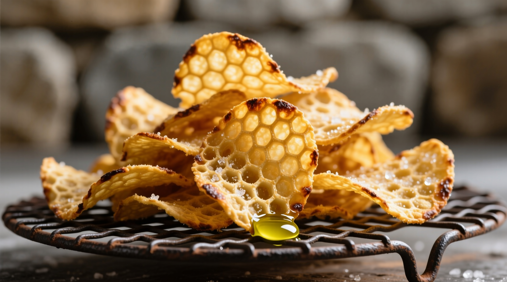 Perfectly puffed golden chicharrones on wire rack