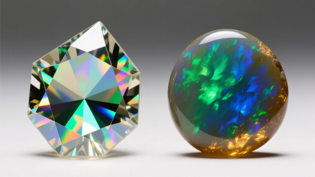 Macro shot comparing faceted glass opalite on the left and a smooth cabochon natural Ethiopian Welo opal on the right side