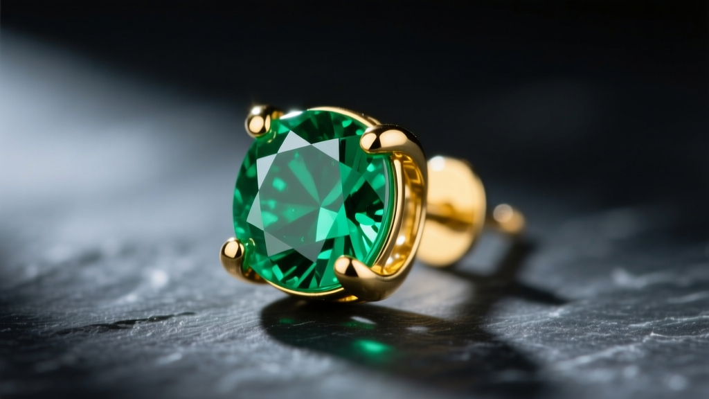 Close-up of a vivid green Colombian emerald stud earring set in a 14k yellow gold four-prong basket against a dark slate background.