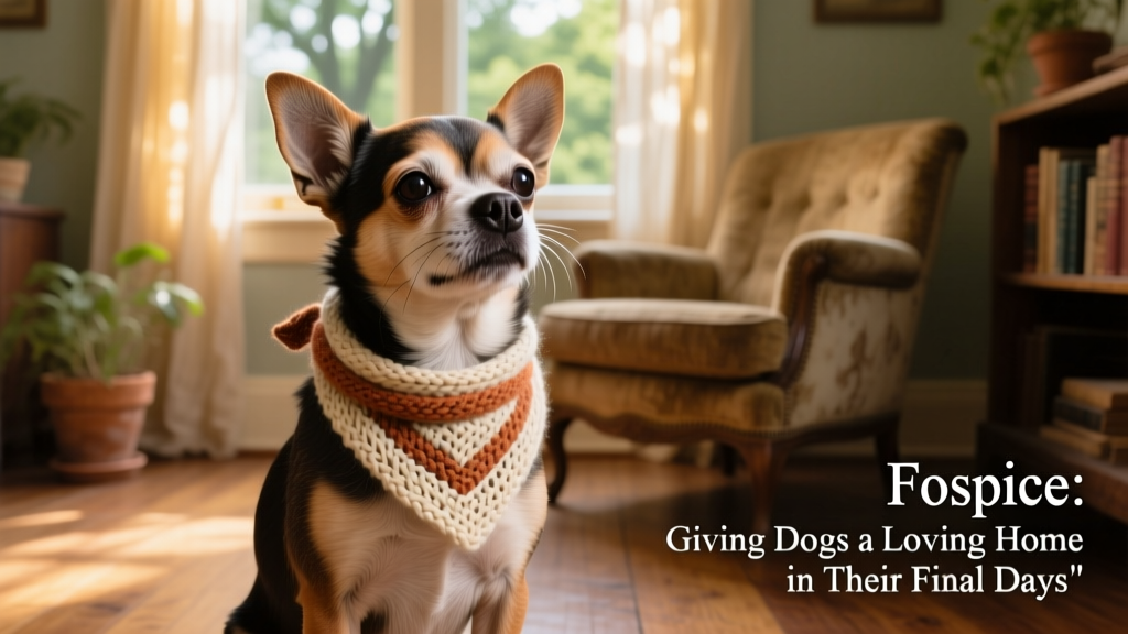 Nacho, an elderly Chihuahua–Brussels Griffon mix, sitting alert with his head tilted, wearing a cozy bandana