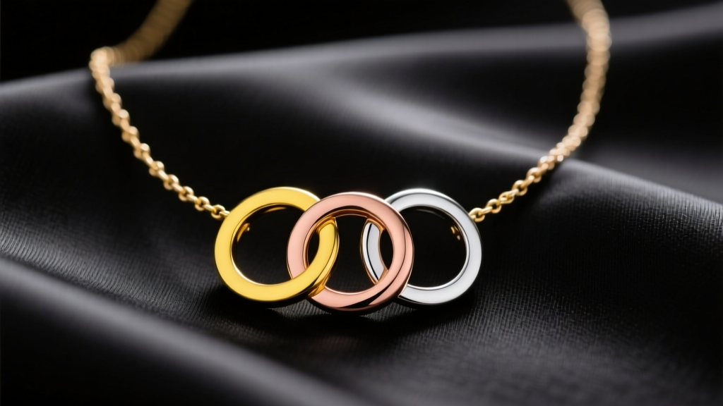Close-up of a 3 circle necklace on black silk showing interlocking yellow gold, rose gold, and silver rings under soft lighting