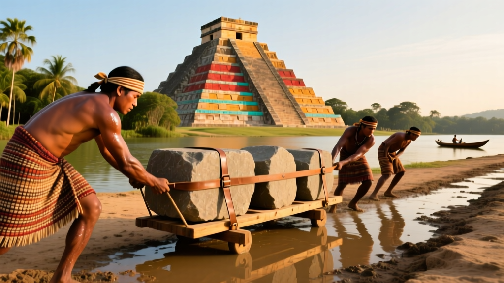 Aztec laborers pulling massive basalt blocks on wooden sledges over earthen causeways near Lake Texcoco with the Templo Mayor in background
