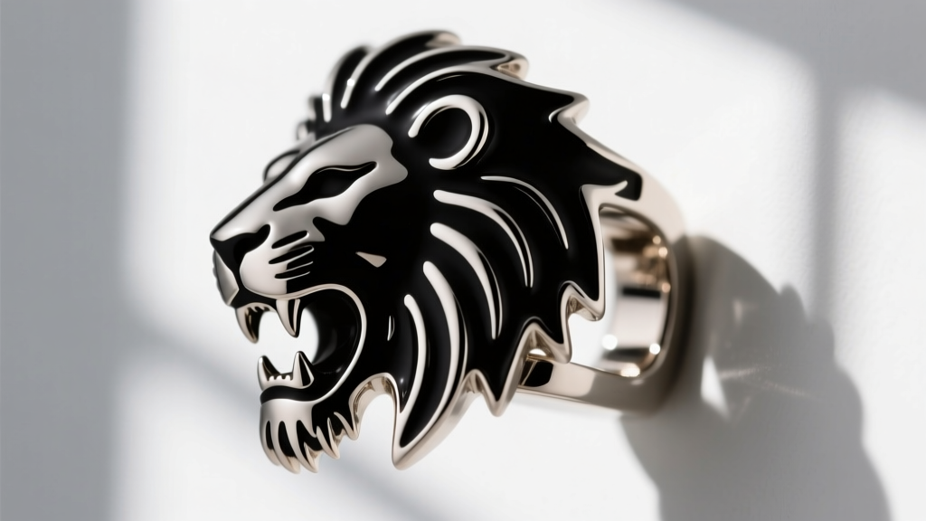 Macro shot of titanium lion silhouette ear cuff with black enamel, highlighting the smooth hypoallergenic metal surface texture