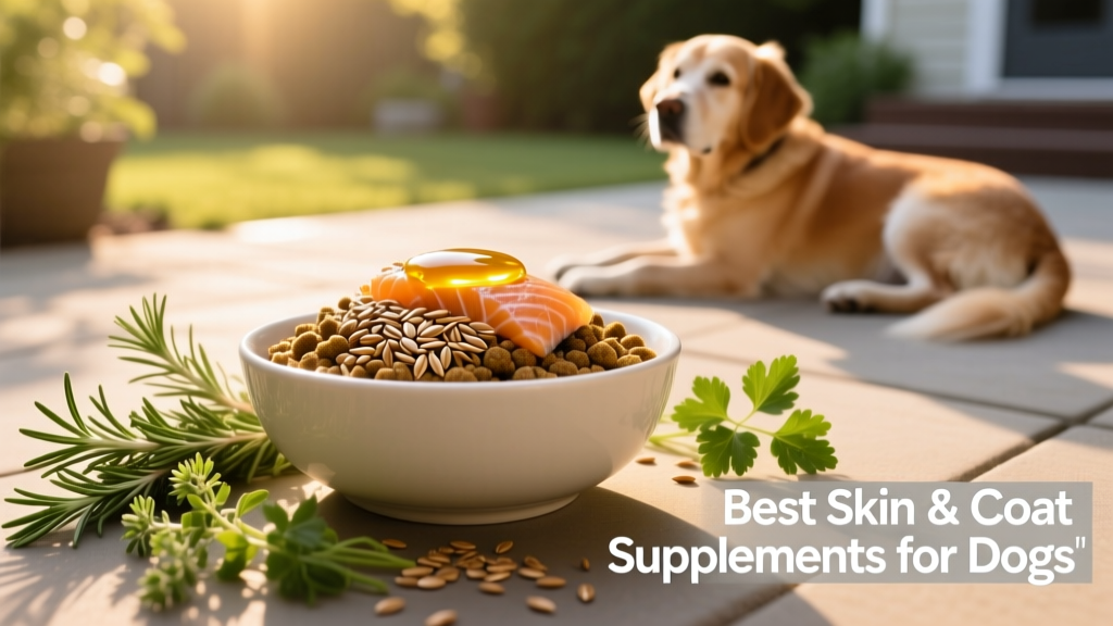 Bowl of dog food topped with flaxseed and salmon oil, surrounded by fresh herbs