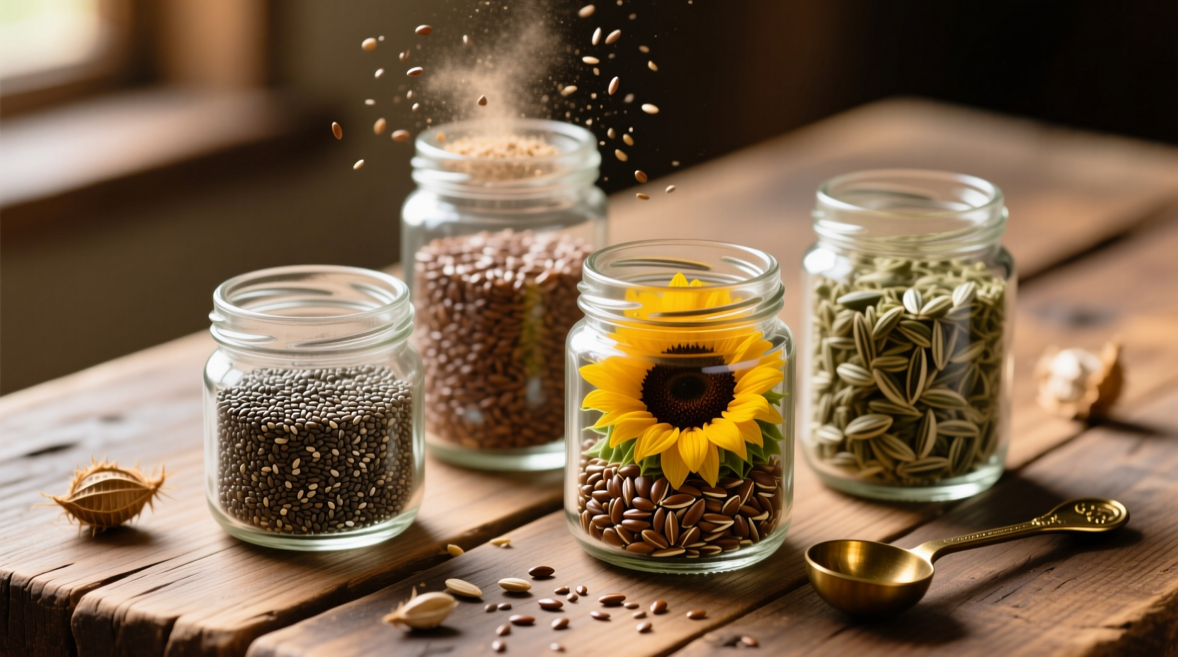 Nutrient-dense seeds in glass jars on wooden table