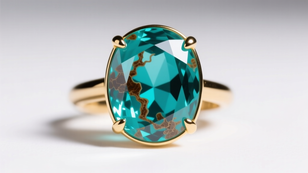 Macro shot of a turquoise cabochon in a gold bezel showing natural brown matrix and color variations under bright studio lighting