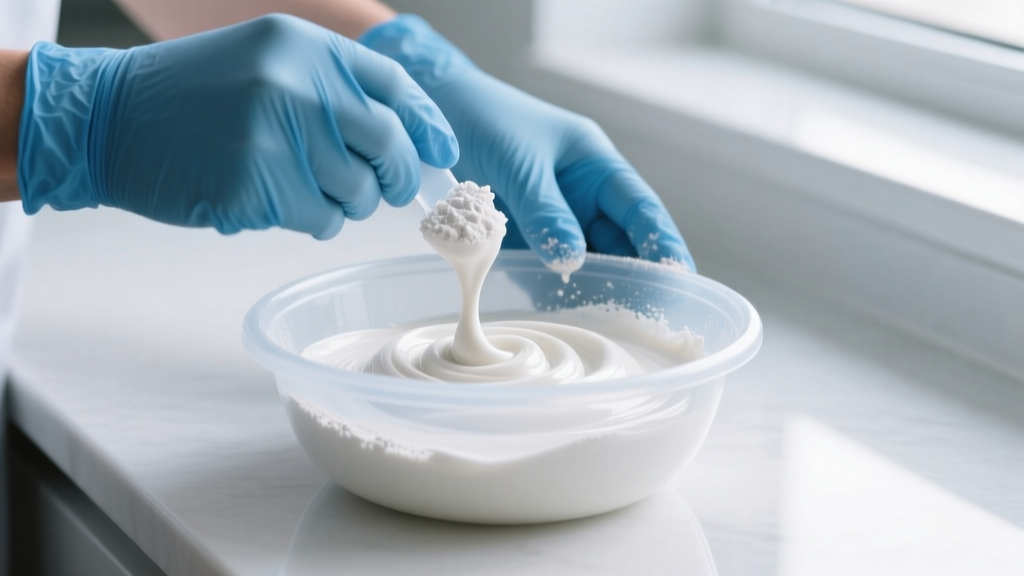 Hands in blue nitrile gloves carefully mixing FDA-approved dental alginate powder with water inside a flexible rubber mixing bowl.