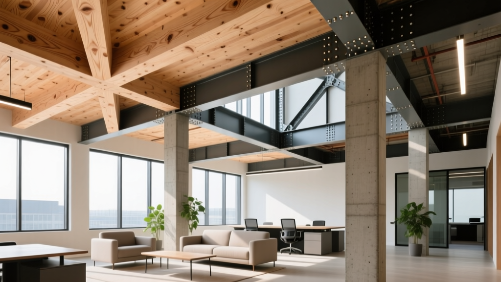 Modern mass timber office interior with exposed CLT ceilings juxtaposed against a traditional steel and concrete structural frame