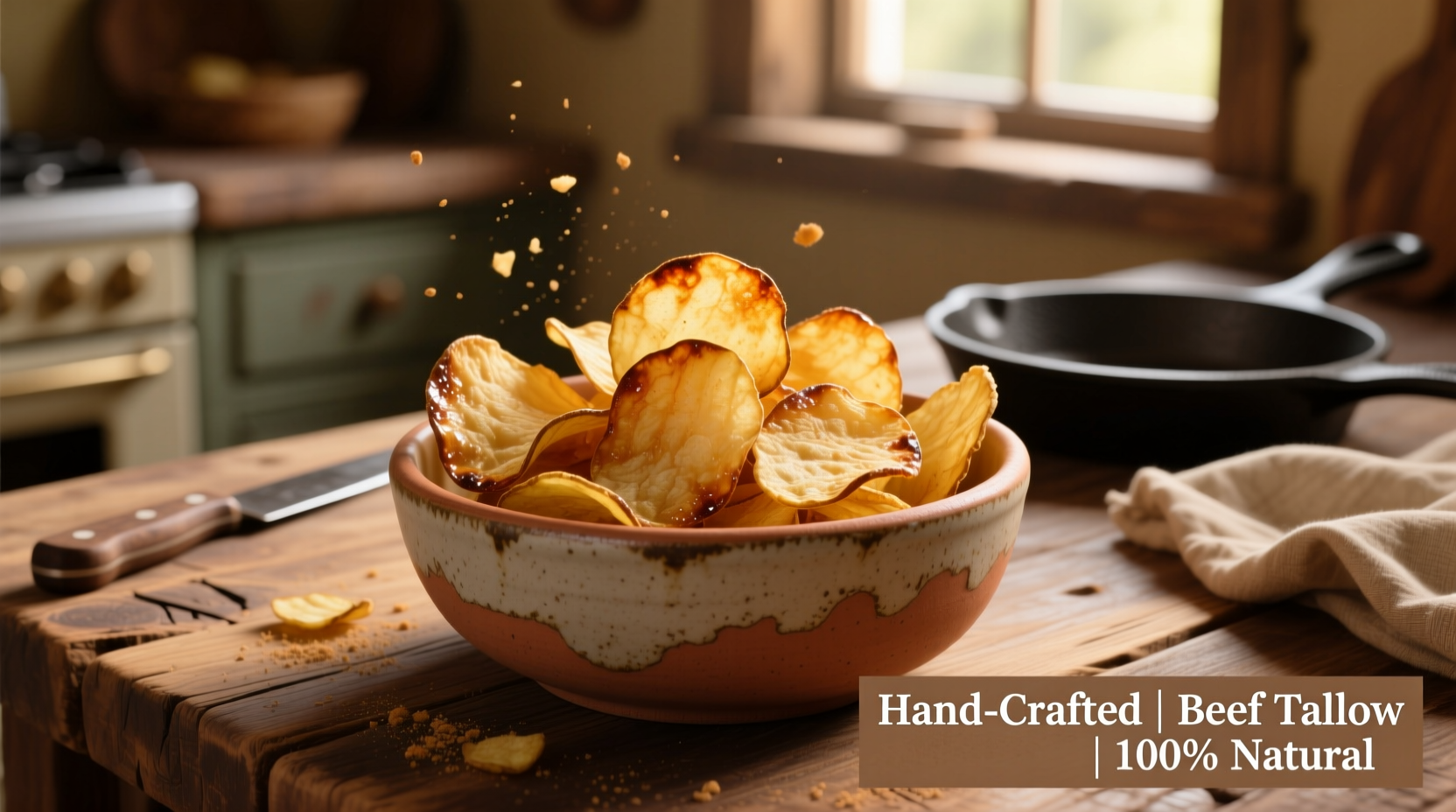 Homemade beef tallow potato chips in a rustic bowl