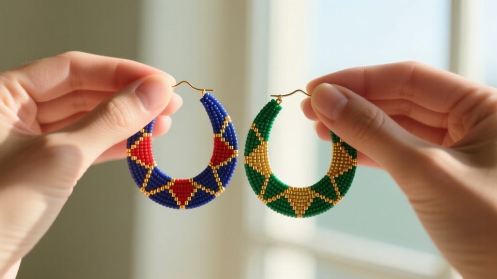 Hands holding tubular peyote stitch beaded hoop earrings featuring vibrant geometric patterns against a softly blurred background
