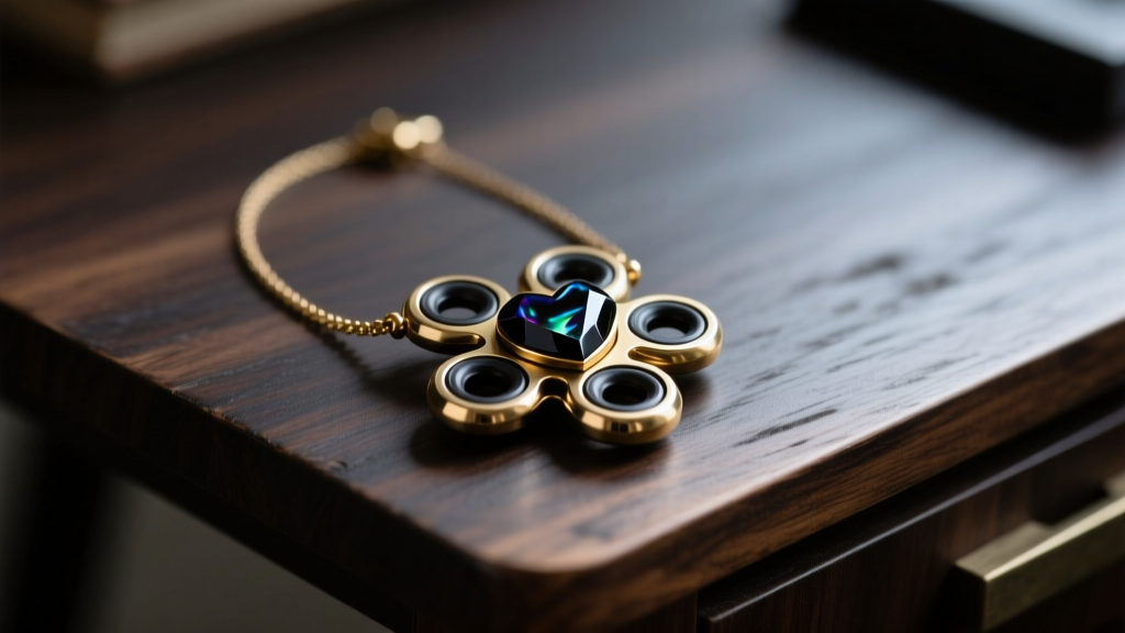 Brass and obsidian fidget spinner necklace shaped like a Terraria heart crystal resting on a dark wooden desk, moody lighting.