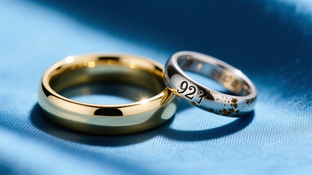 Macro shot of a bright 14k white gold band and a tarnished 925 silver ring resting on a cool-toned blue silk fabric swatch.