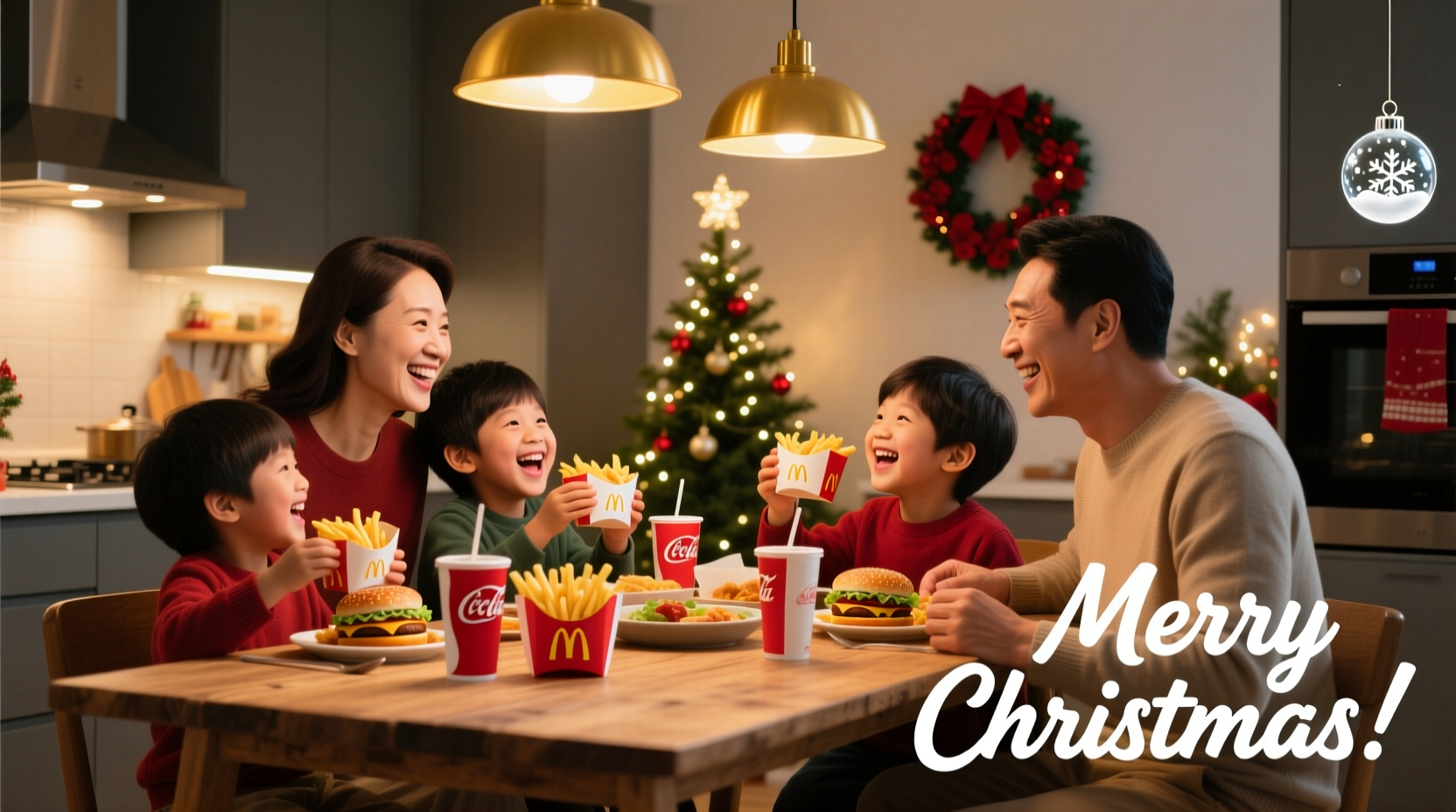 Family enjoying fast food meal on Christmas Day