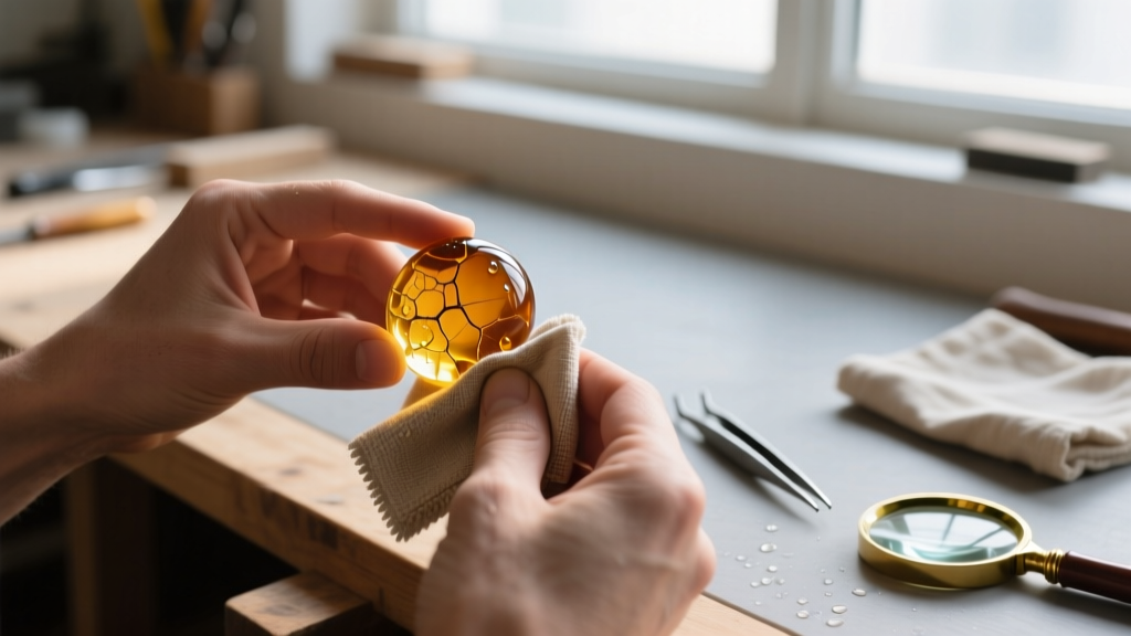 Hands gently wiping a porous amber bead with a damp microfiber cloth in a bright workshop, avoiding harsh chemical cleaners.