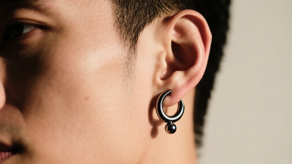 Man wearing a 14g titanium horseshoe earring in his lobe, soft lighting highlighting the dark metal and polished bead ends.