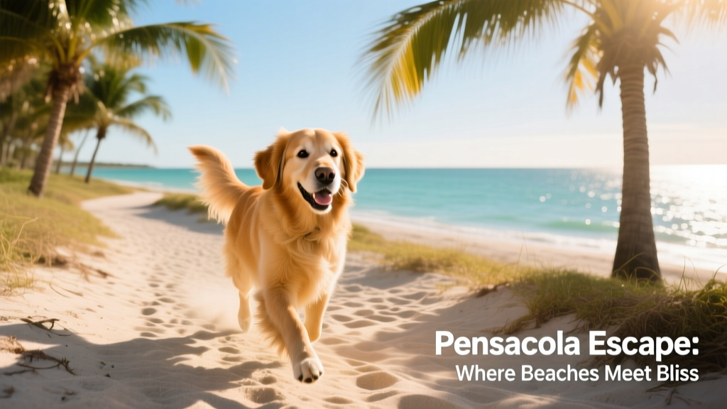 A cheerful dog walking along a sun-dappled beach path in Pensacola, FL, with palm trees and calm water in the background