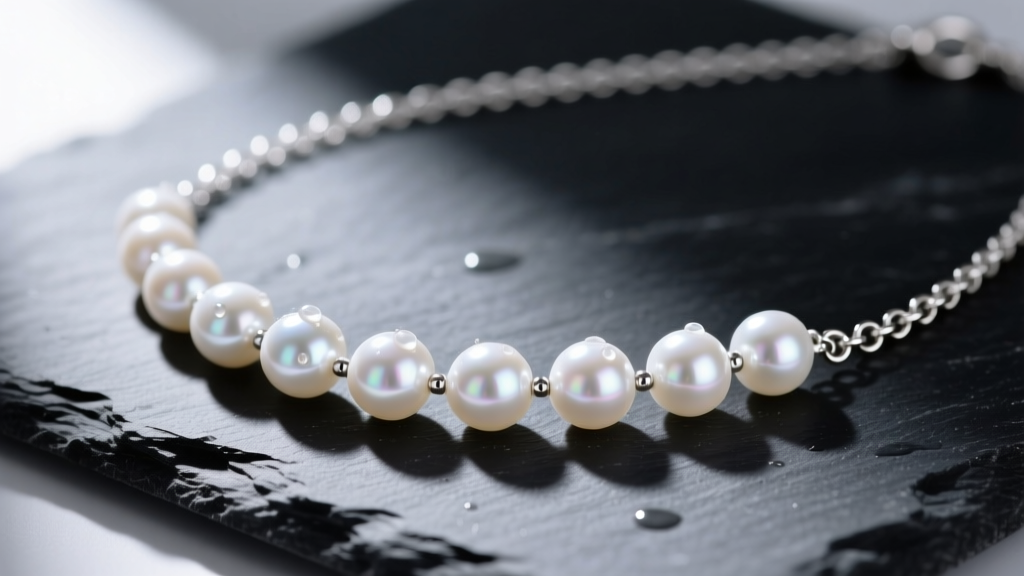 Macro shot of a pearl and silver chain necklace on dark slate, showing white freshwater pearls and .925 sterling silver rolo links.