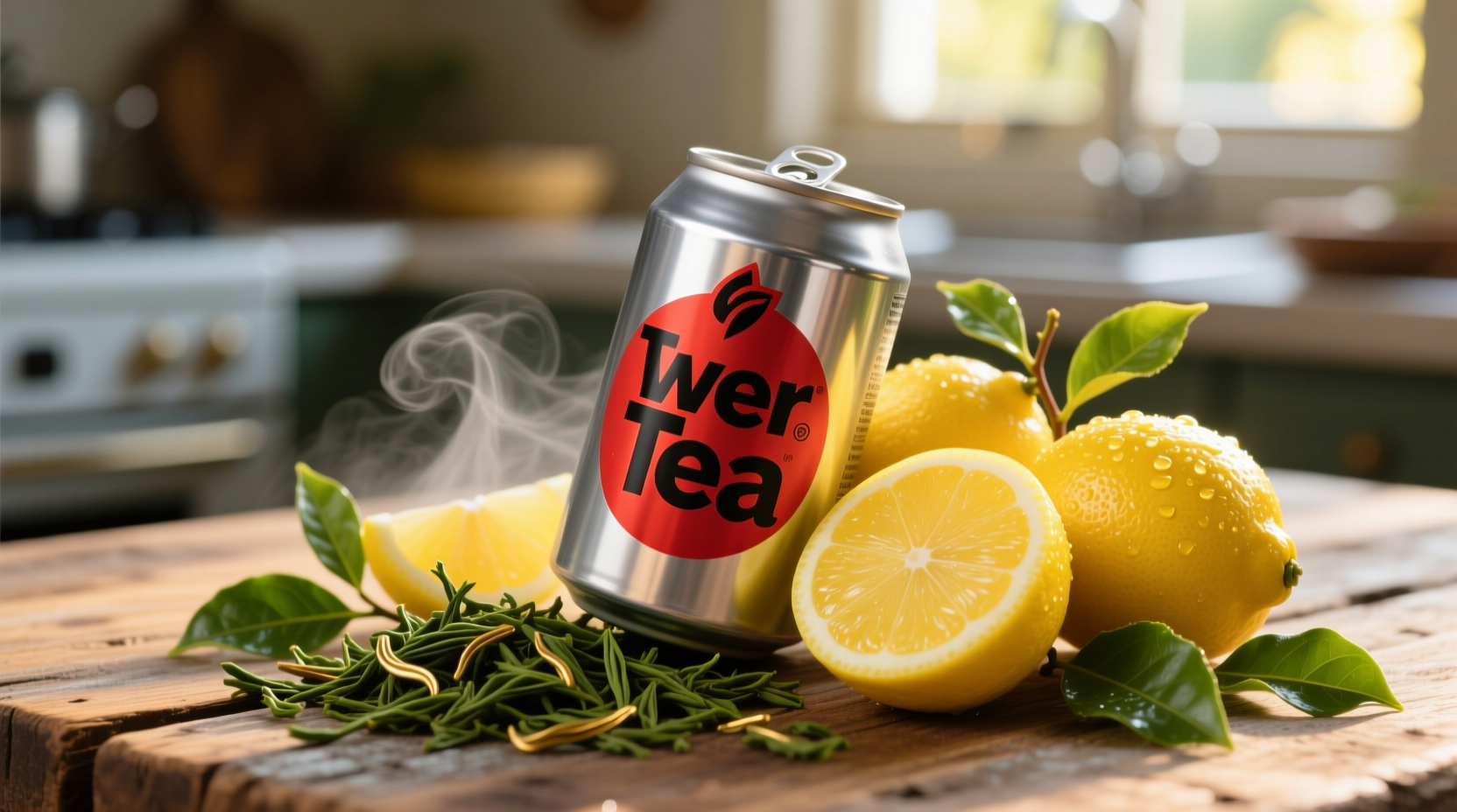 Twisted Tea can next to fresh lemons and tea leaves