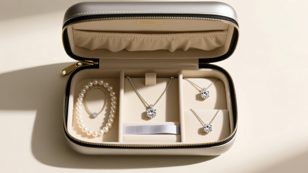 Overhead view of a hard-shell zippered travel jewelry case containing anti-tarnish strips, pearl chokers, and diamond pendants