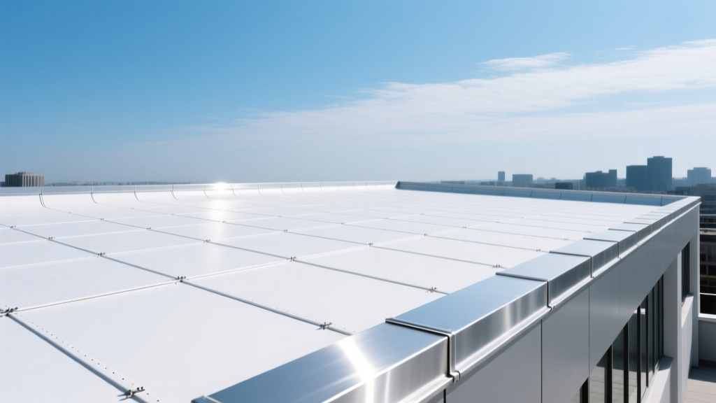 Commercial building rooftop featuring white TPO membrane roofing with heat-welded seams and silver metal edge flashing under clear skies