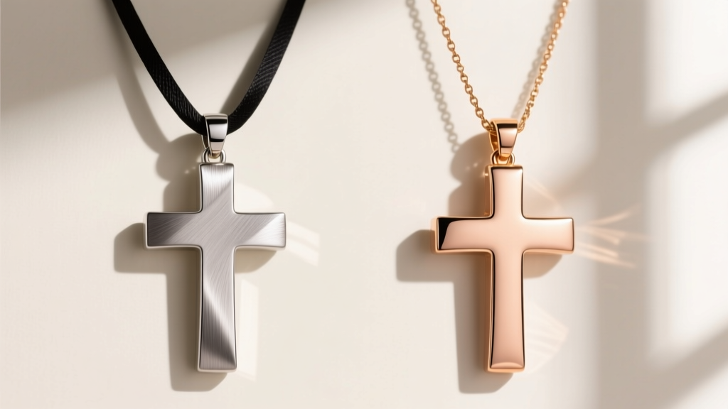 Side-by-side brushed titanium and polished 18k rose gold long cross pendant necklaces, showcasing contrasting light reflections