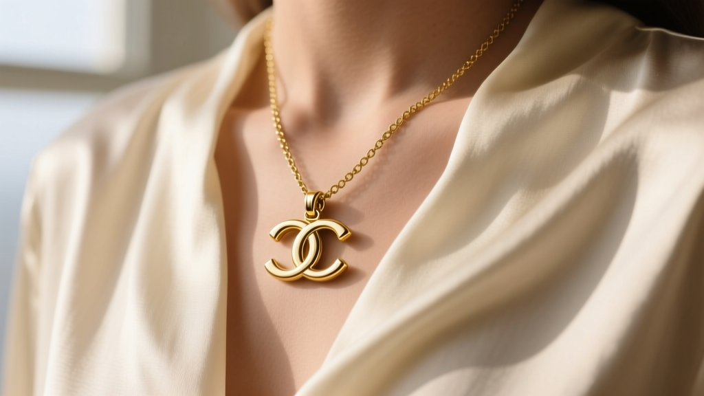 Close-up of a vintage 1990s Coach gold-plated C logo pendant necklace resting elegantly on a cream silk blouse in soft light.