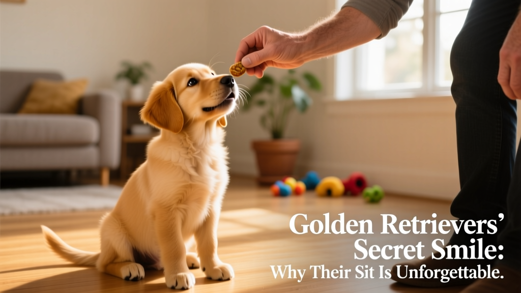 Trainer gently guiding a Golden Retriever puppy into a sit position using a treat held above its nose
