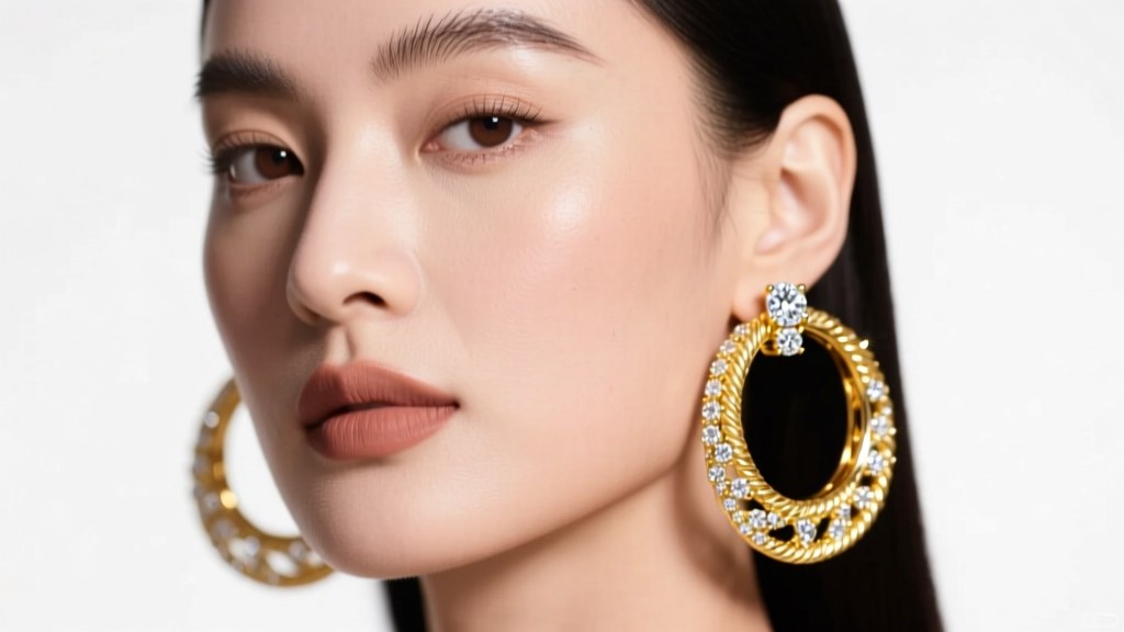 Portrait of a woman wearing large 18k yellow gold diamond hoop earrings, soft studio lighting highlighting the gemstone sparkle