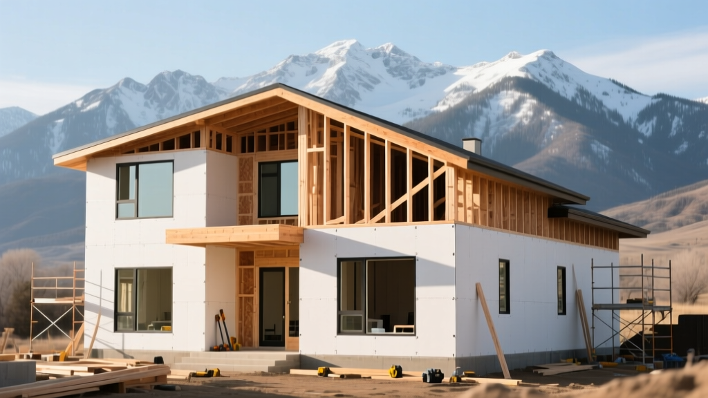 Modern two-story home under construction in Utah with snow-capped Wasatch mountains in the background and exposed wood framing