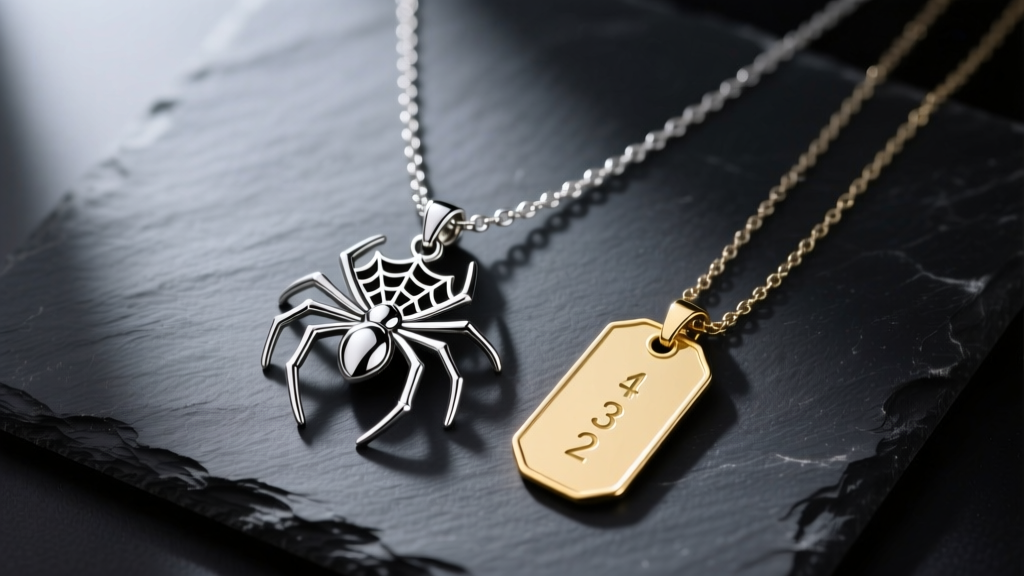 Overhead flat-lay of anime necklaces on dark slate, featuring a silver spider pendant and gold license tag in soft light