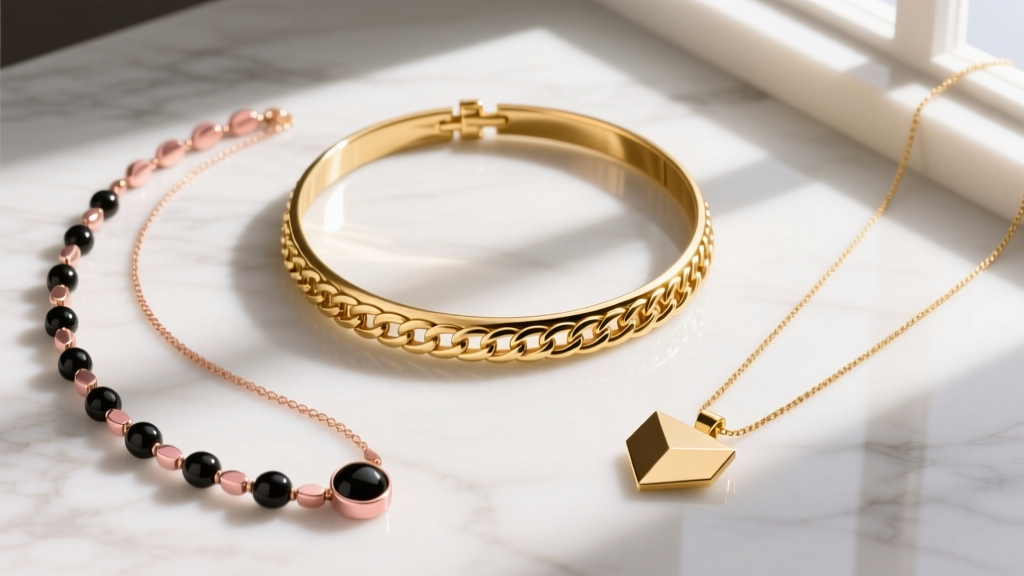 Flat lay on marble: a 14-inch gold choker, a 20-inch rose gold tin cup necklace with onyx beads, and a 24-inch simple gold pendant