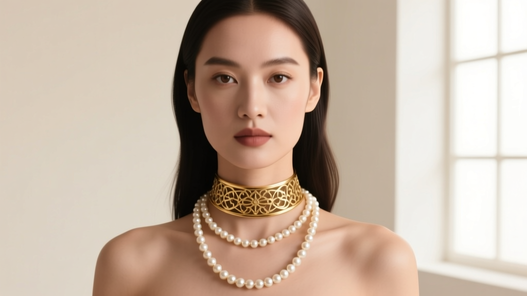 Portrait of a woman wearing a 14-inch gold choker and a 24-inch matinee pearl strand against a soft neutral studio backdrop